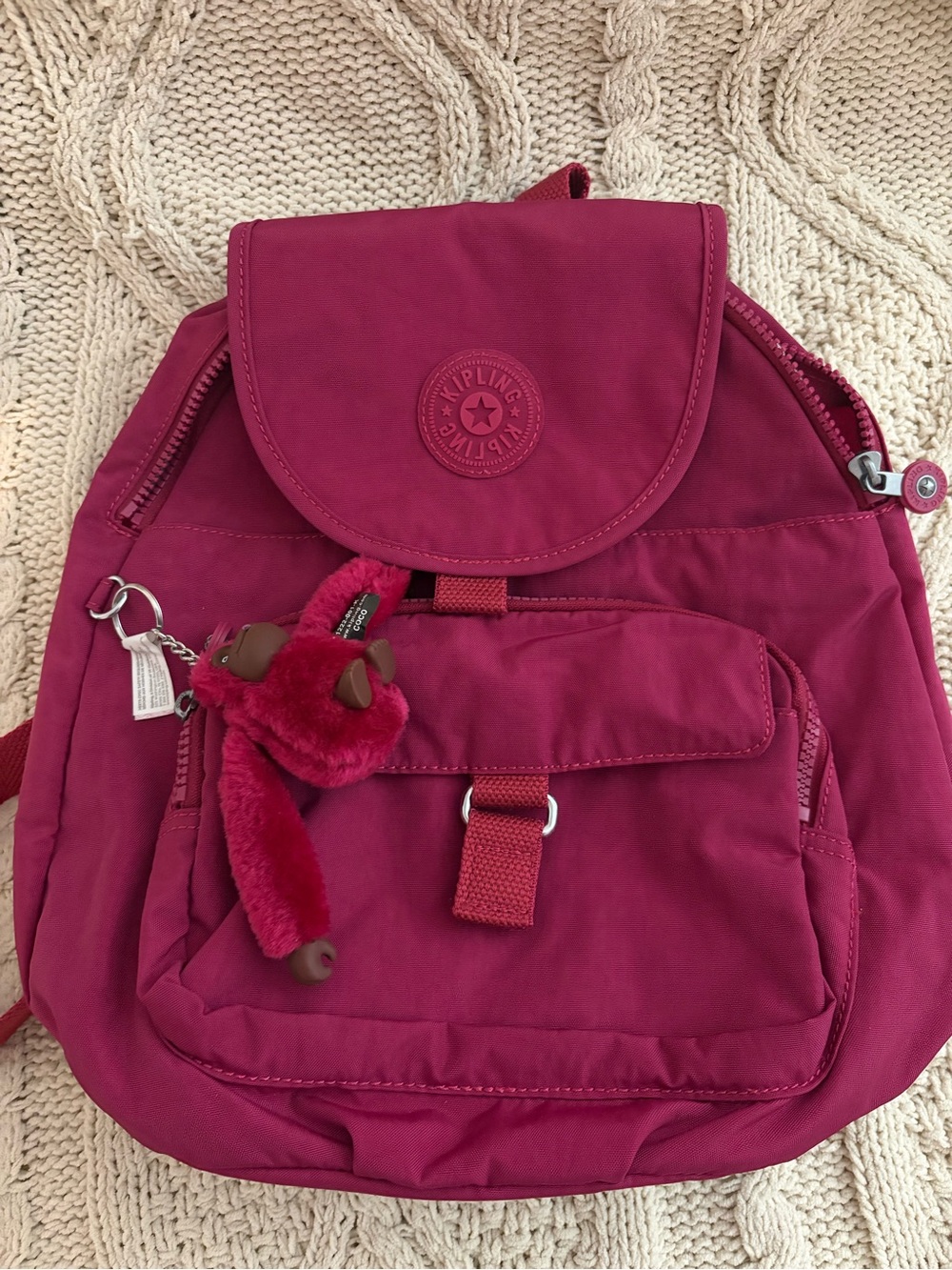 Kipling Raspberry Pink Small Flap Backpack with Monkey Keychain